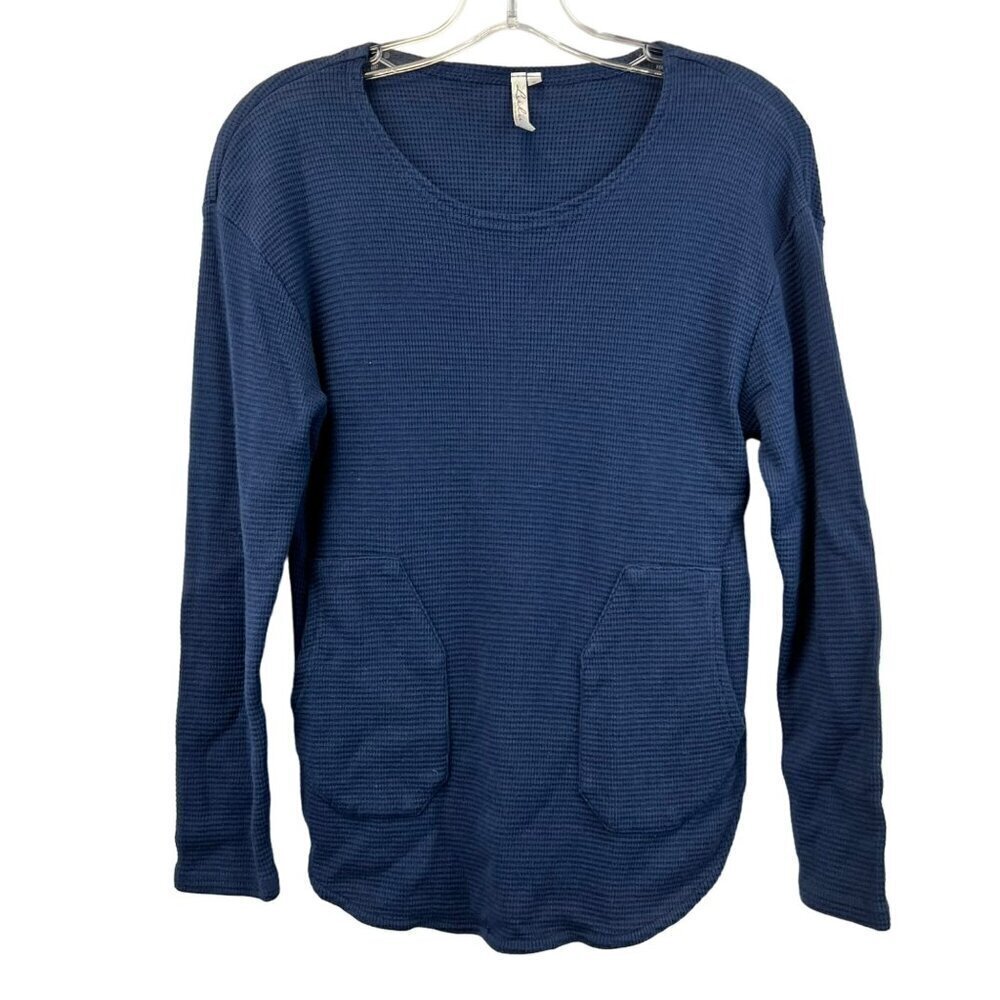 Lulu-B Women’s Scoop Neck Long Sleeve Navy Thermal Top Round Hem S Pockets